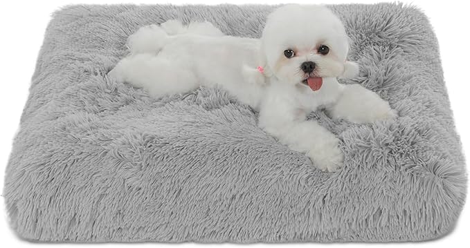 Bedfolks Waterproof Crate Bed, Plush Dog & Cat Kennel Pad with Removable Cover, Faux Fur, Washable, 23"x18", Solid Light Grey