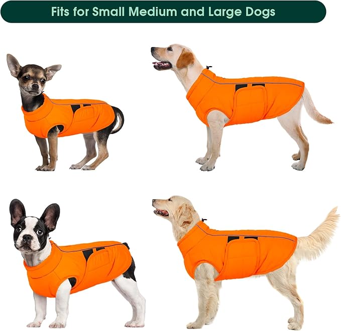 Kuoser Large Dog Coat, Winter Waterproof Dog Jackets for Large Dogs, Reflective Doggie Vest with Leash Hole, Cold Weather Coats Pet Snow Jacket for Labrador Beagle, Orange XXL