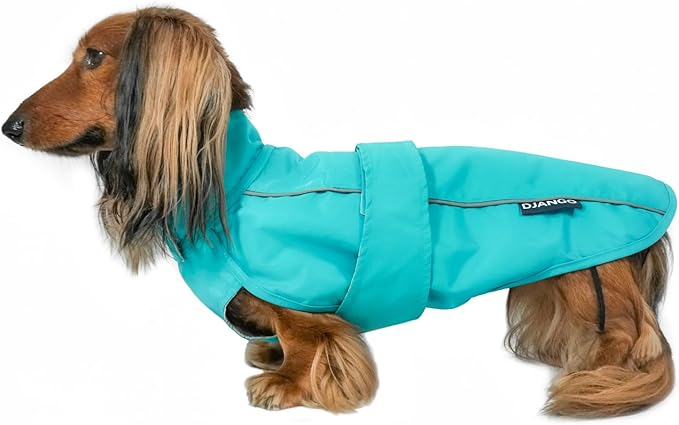 DJANGO Dog Jacket & Raincoat – Lightweight Water-Resistant Coat for Small, Medium & Long Dogs Like Dachshunds – Reflective, Adjustable Fit, Harness-Compatible & Easy-Access Harness Hole - Blue, Small