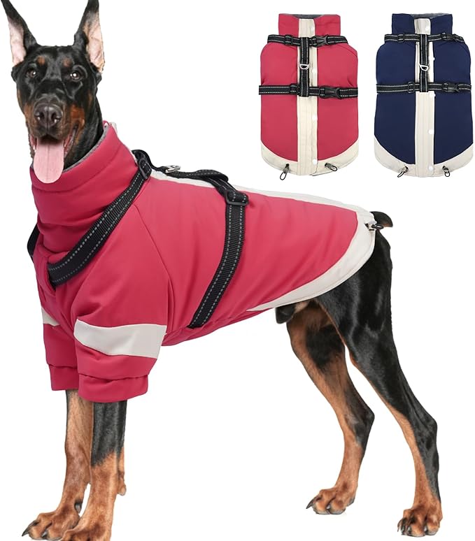 MIGOHI Dog Coat with Harness Built in, 2-in-1 Windproof Dog Winter Coat, Thermal Reflective Jacket with Back Zipper for Large Dogs Cold Weather, Labrador Retriever, Pink, 2XL