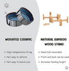 SPUNKYJUNKY 15° Slanted Ceramic Dog and Cat Bowl with Wooden Stand, Tilted Bulldog Food and Water Bowl No Slip Non-Spill for Cats Medium Dogs Big Face Pets 28.7 OZ (3.6 Cups, Starry Blue × 2)