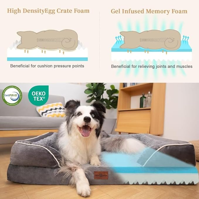 Comfort Expression Orthopedic Dog Bed for Large Dogs 36x27 Inch, Waterproof Supportive Memory Foam Large Pet Bed with Removable Bolsters, Dog Couch with Washable Cover & Non-Slip Bottom, Silver Grey