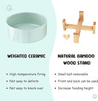 SPUNKYJUNKY 15° Slanted Ceramic Dog and Cat Bowl with Wooden Stand, Tilted Bulldog Food and Water Bowl No Slip Non-Spill for Cats Medium Dogs Big Face Pets 28.7 OZ (3.6 Cups, Morandi Green)