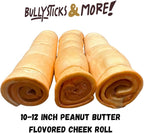 BULLYSTICKS & MORE 10-12" Beef Cheek Rolls for Dogs (Peanut Butter Flavor - 3 Count) - Beef Cheek Bones for Dogs - Dog Parents Choice - Premium No Hide Rolls
