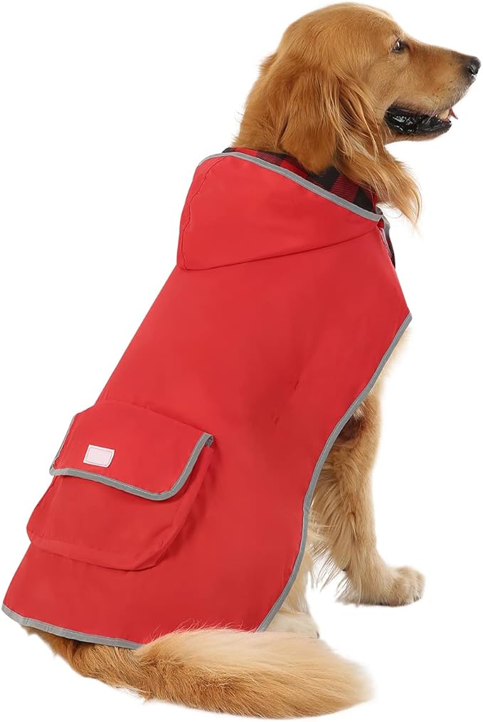 HDE Reversible Dog Raincoat Hooded Slicker Poncho Rain Coat Jacket for Small Medium Large Dogs Buffalo Plaid Red - L