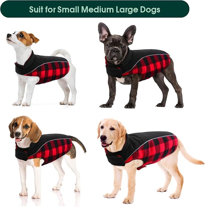 Kuoser Dog Winter Coat,Reversible Waterproof Dog Jacket with Leash Hole,Warm Dogs Fleece Vest Adjustable Doggy Cold Weather Clothes Plaid Christmas Outfit Pet Apparel for Extra Large Dogs,RedBlack 3XL