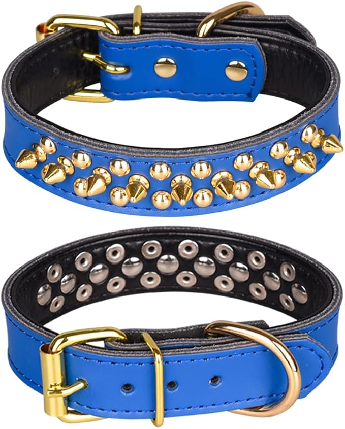 Adjustable Genuine Leather Spiked Studded Dog Collars for Small Medium Large Pets Like Pit Bull Bulldog Pugs Husky (M, Dark Blue2)