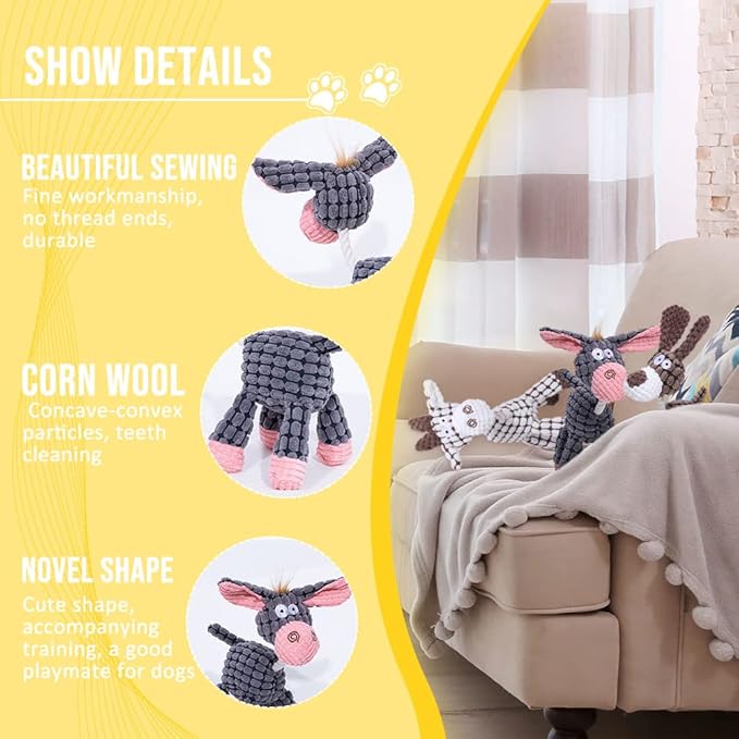 Soputry Plush Squeak Pet Toys, Squeaky Interactive Stuffed Plush Chew Toy for Small to Large Dogs (Cow & Dog)