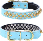Adjustable Genuine Leather Spiked Studded Dog Collars for Small Medium Large Pets Like Pit Bull Bulldog Pugs Husky (M, Light Blue2)