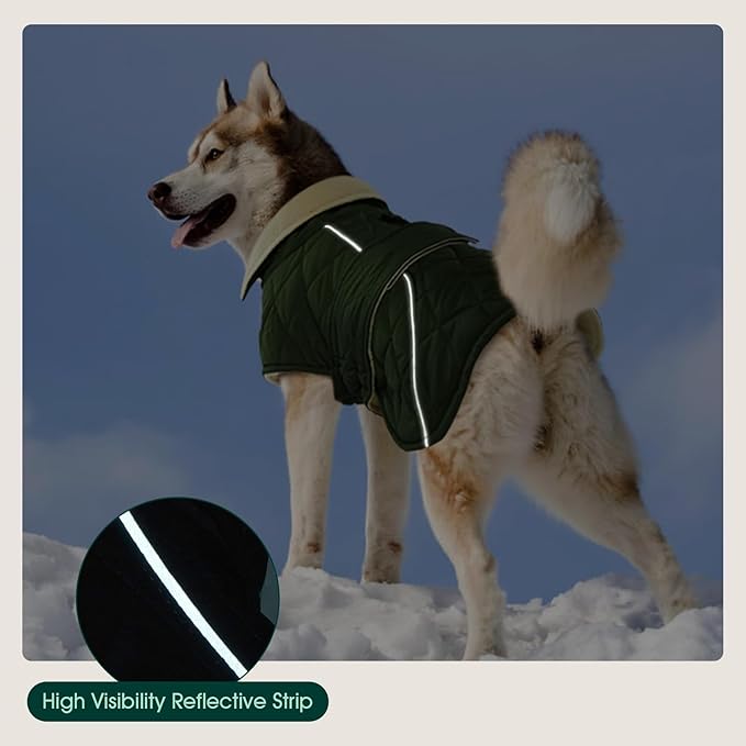 Kuoser Super-Warm Dog Coat, Windproof Cold Weather Coats for Extra Large Dogs, Fleece Lining Turtleneck Dog Snow Jacket with Reflective Strips Thermal Pet Winter Clothes, Green 2XL