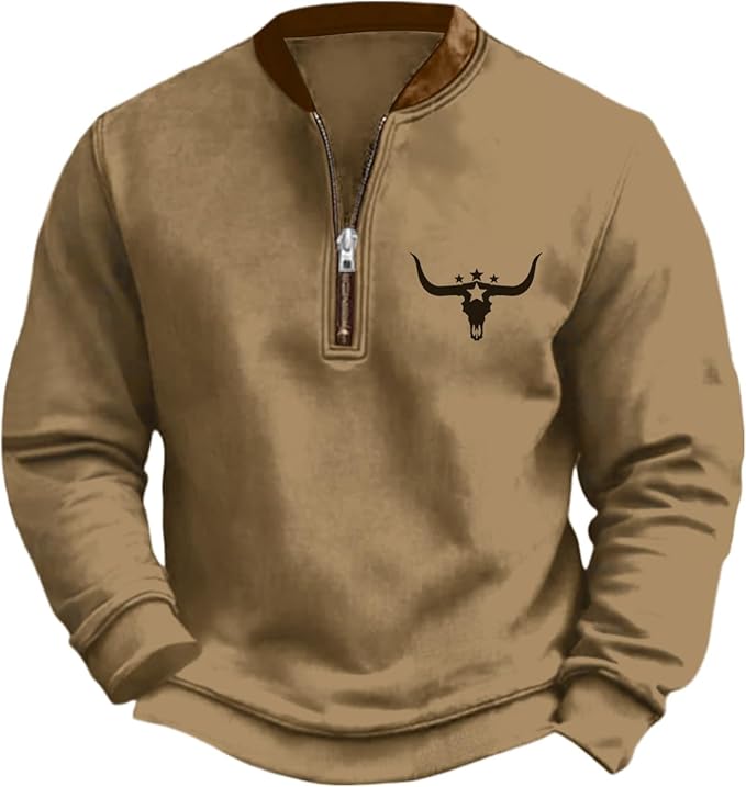 HOTYD Aztec Cowboy Jacket Men Vintage Bullhorn Printed Oversized Western Sweatshirt Long Sleeve Quarter Zip Pullover
