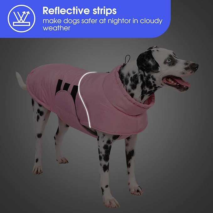 ASENKU Extra Warm Dog Coat - Fleece Reflective Puffer Jacket with Zippered Leash Hole for Large Dogs (Pink, XL)