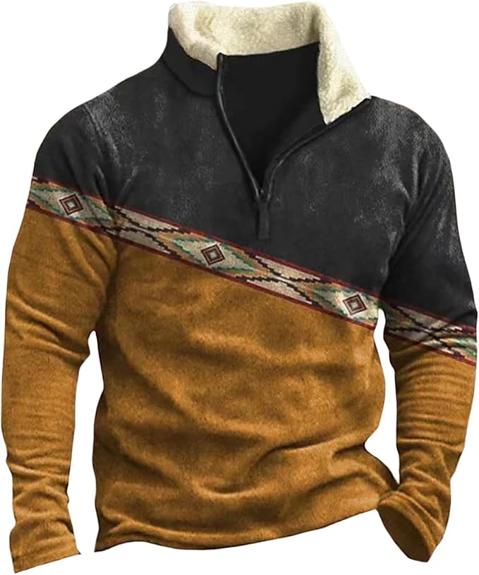 HOTYD Western Jackets for Men Cowboy Sweatshirts Vintage Ethnic Graphic Casual Long Sleeve Top 1/4 Zip Pullover Hoodies