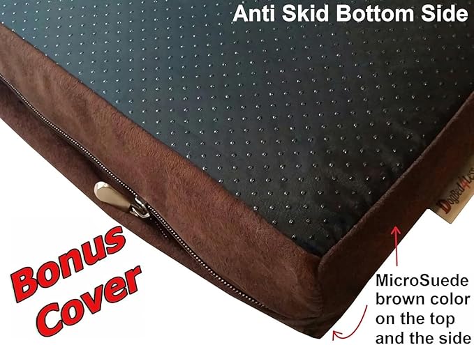 Dogbed4less Orthopedic Gel Infused Memory Foam Dog Bed, Waterproof Liner with Durable Washable Black Canvas + Bonus Brown Microsuede Antislip Covers, 37X27X4 Inches