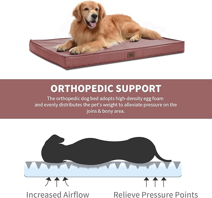Outdoor Large Washable Dog Bed, Orthopedic Egg Crate Foam Dog Crate Mat for Large Dogs with Removable Oxford Cooling Cover, Pink