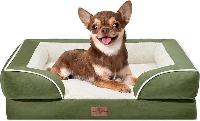 Comfort Expression Orthopedic Dog Bed for Small Dogs 24x16 Inch, Waterproof Supportive Egg Crate Foam Small Pet Bed with Removable Bolster, Dog Couch with Washable Cover & Non-Slip Bottom, Light Green