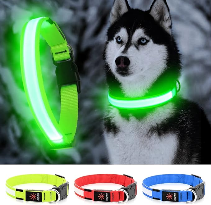 YFbrite Ultra Light Adjustable LED Dog Collar, Light up Dog Collars Rechargeable Glowing in The Dark Collars Visiblity & Safety for Small, Medium, Large Dogs (Green, Small)