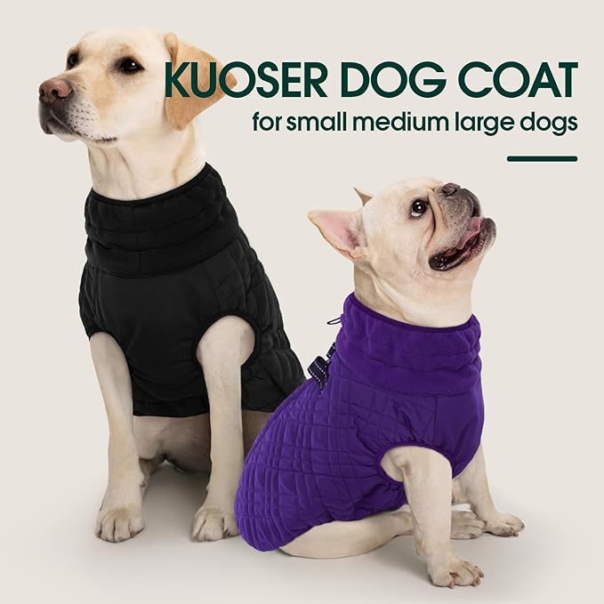 Kuoser Medium Dog Coat | All-Breed Thermal Wear with Windproof Layer | Reflective Tabs Enhance Visibility in Snow, Snap Buckles Simplify Dressing, Black L