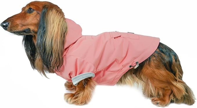 DJANGO Highland Dog Jacket & Raincoat – Water-Repellent, Lined Dog Coat with Hood, Adjustable Fit & Harness Hole – Lightweight Rain & Wind Jacket for Small & Medium Dogs up to 30 lbs (Pink, X-Small)