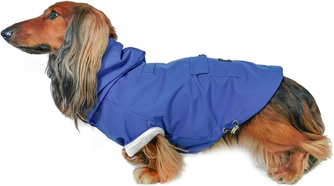DJANGO Highland Dog Jacket & Raincoat – Water-Repellent, Lined Dog Coat with Hood, Adjustable Fit & Harness Hole – Lightweight Rain & Wind Jacket for Small & Medium Dogs up to 30 lbs (Blue, X-Small)