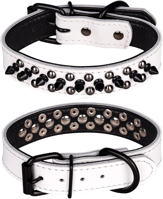 Adjustable Genuine Leather Spiked Studded Dog Collars for Small Medium Large Pets Like Pit Bull Bulldog Pugs Husky (M, White1)