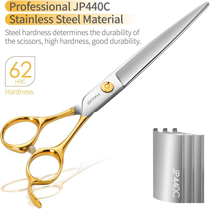 Professional Dog Grooming Scissors Straight 7" Pet Grooming Shears for Cutting Small Dogs Cat Thick Hair Japan 440C Stainless Steel Right Handed(7 in Straight, Gold)