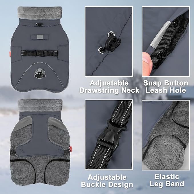 KYEESE Waterproof Dog Coat, Windproof Winter Jacket with Thick Fleece Lining, Extra Warm Turtleneck Dog Coats for Medium Dogs with Leash Hole and Reflective Design, Gray, X-Large
