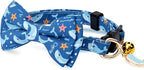 2 Pack Cotton Cat Collar with Bow Tie and Bell for Girl Boy Cats,Cute Pink Flamingo and Blue Whale Pattern Spring Summer Breakaway Cat Collar for Male Female Cats (Flamingo&Whale)
