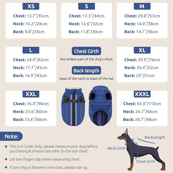 Dog Winter Coat with Harness Built in Warm Puffer Dog Jackets for Small Medium Large Dogs Windproof Waterproof Outfit with Plush Lining and Reflective Stripes (Blue, XS)