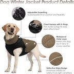 ASENKU Reflective Dog Coat with Built-in Harness, Windproof Fleece-Lined Dog Jacket for Small, Medium, Large Dogs, Warm Winter Vest with Turtleneck & Zipper (Khaki 2XL)