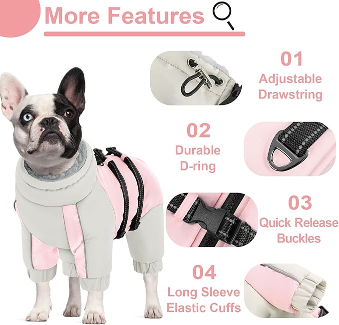 KOESON Four Legged Winter Coat, Warm Dog Jacket with Adjustable Buckles, Turtleneck Windproof Fleece Jackets, Reflective Fullbody Snowsuit Puffer Coat Pink Grey XS