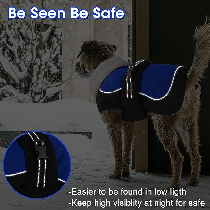 Dogcheer Waterproof Dog Coat, Christmas Dog Winter Jacket, Adjustable Puppy Fleece Coat for Cold Weather, Reflective Turtleneck Snow Jacket for Small Medium Large Dogs - Blue, S