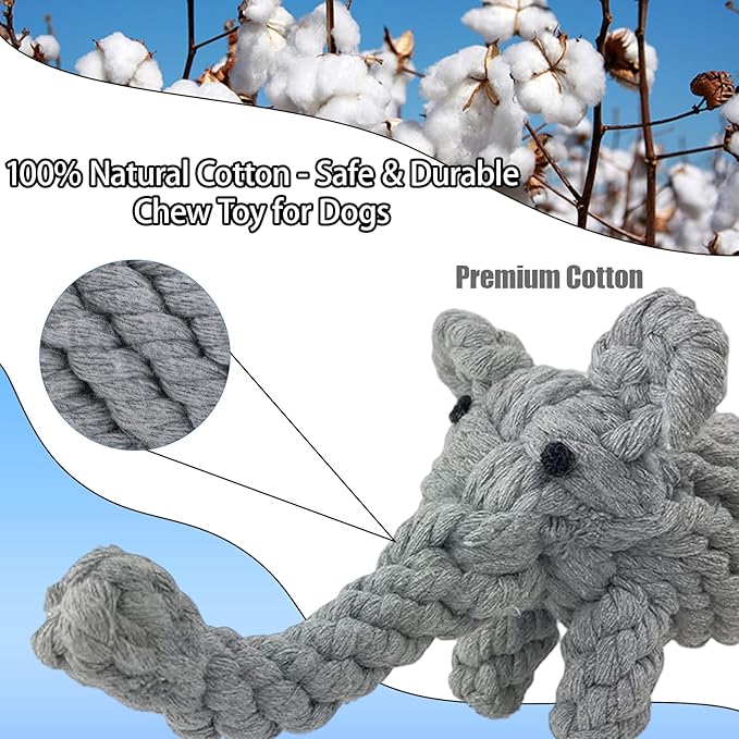 ADUCK Puppy Dog Rope Toy for Teeth Cleaning, Chew-Proof Dental Care & Interactive Training Reward | Durable Cotton Gray Elephant & Yellow Giraffe for Small & Medium Dogs