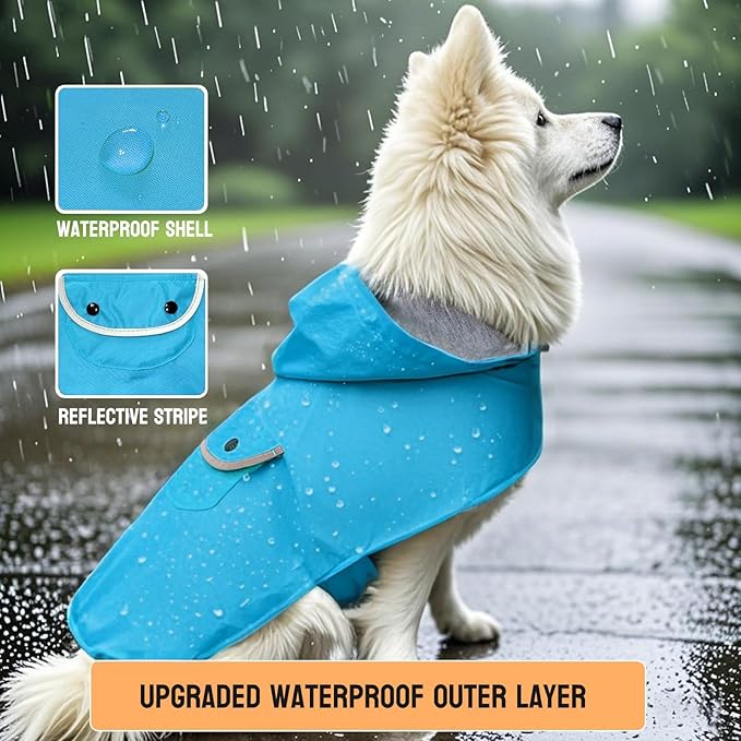 Dog Raincoat Dogs Rain Jacket Reflective Poncho Rainwear Waterproof Pet Clothes Warm Lined Pocket Hooded Leash Hole Adjustable Small Medium Dogs,Blue,L,Back Length 12.0 Inch