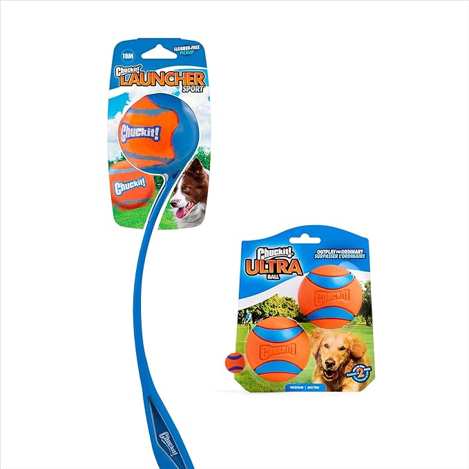 Chuckit! Ultra Ball & Launcher Bundle - Sport 18" with 2 Pack Medium (2.5") Bouncy Fetch Balls for Dogs 20-60 lbs, Dog Fetch Ball Thrower