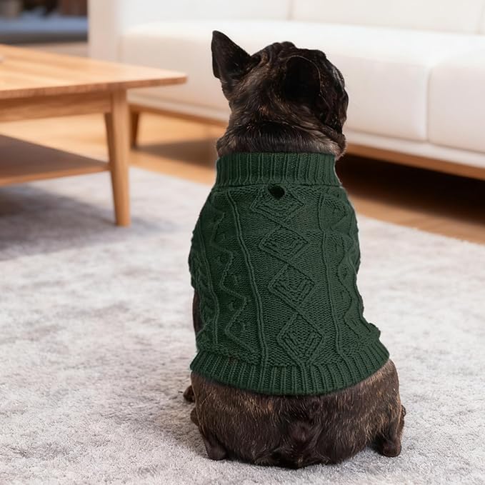 PUPTECK Dog Sweater, Turtleneck Warm Knitted Pullover Coat, Thick Cable Knitwear Clothes in Winter, Pet Apparel Outfits for Large Dogs, for Cold Weather Indoor & Outdoor, Deep Green ML