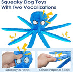 4 Pack Squeaky Dog Toys - Octopus Plush Dog Toys for Aggressive Chewers, No Stuffing, Crinkle, Durable Interactive, 4 Colors