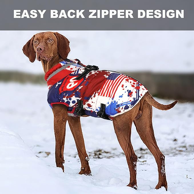 Large Dog Coat with Harness Built-in, Waterproof Reflective Fleece Lined - Warm Windproof Winter Jacket with Back Zipper, Cold Weather Snow Dog Coats - American Flag - 2XL