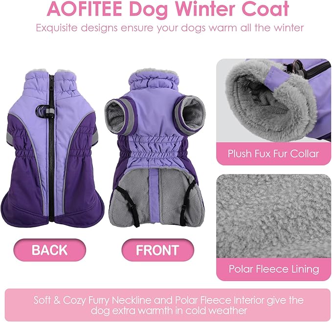 AOFITEE Dog Coat - Warm Small Dog Winter Jacket with Two Legs- Zip Up Dogs Jackets for Winter Reflective Dogs Snow Coats Puffer Jackets for Yorkshire, Schnauzer, Purple S