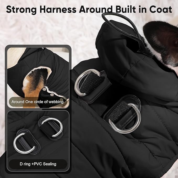 Fleece Lining Dog Hoodie with Harness Built in,Extra Warm Medium Dog Jacket in Winter Doggie Coats with Drawstring Hooded,Black L
