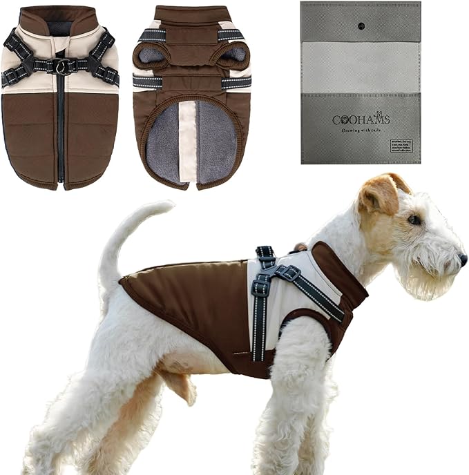 Dog Winter Coat for Small & Medium Dogs (Up to 31lb), Waterproof Dog Coat with Harness, Puppies Windproof Puppy Puffer Jacket, Snowsuit for Dachshund,Frenchie, Corgi (Classic Brown, Small)