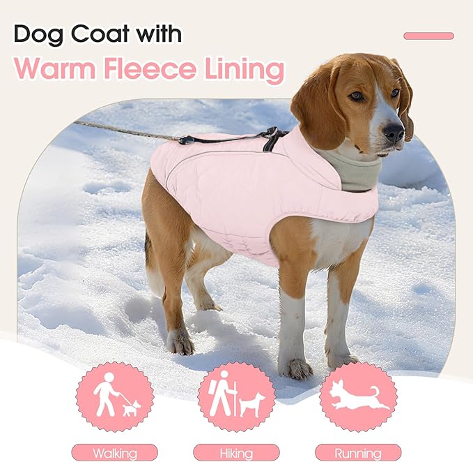 Dog Coat with Harness Built in -Pink,XS- Fleece Lined Dog Snow Jacket Snowsuit，Adjustable Reflective Winter Warm Cold Weather Coat