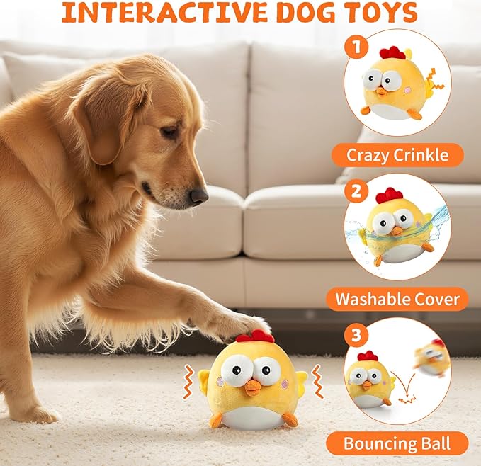 Interactive Dog Toy Ball, Rechargeable Jumping Plush Toy with Motion Activation for Small Large Dogs, Squeaky Moving Bouncing Ball for Pets Keep Busy Reduce Boredom, No Loud Music (Chicken)