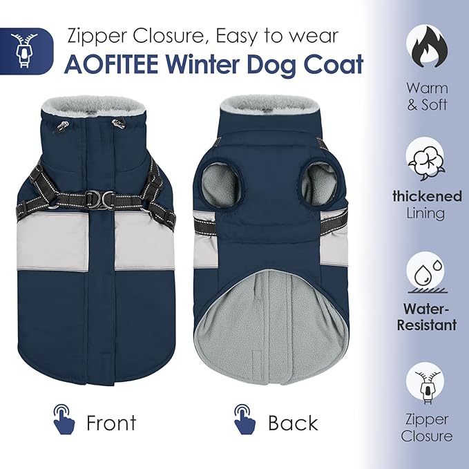 AOFITEE Dog Coat, Large Dog Jacket, Dogs Coat with Harness Built in, Reflective Waterproof Dogs Jackets Winter with Furry Collar, Warm Polar Fleece Pet Sweater Snowsuit for Doberman, Great Dane, XXL
