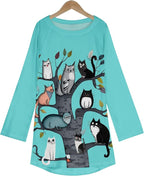 Womens Tunic Shirt Cute Cat Print Long Sleeve Round Neck Women T Shirts Cotton Casual Plus Size Vacation Tunics Tops