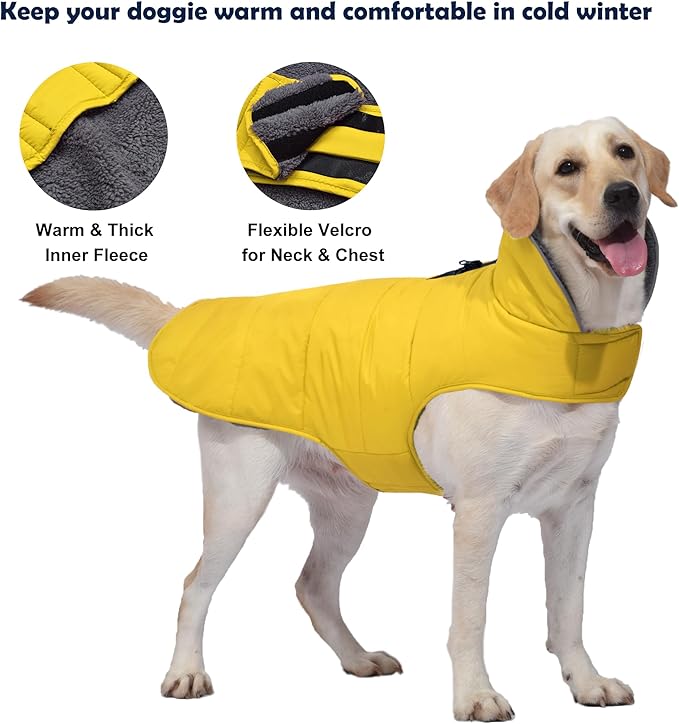 Dog Winter Coat, Waterproof Dog Jacket with Leash Hole, Reflective Adjustable Pet Snow Vest, Warm Fleece Sweater for Small Medium Large Dogs - Yellow, M
