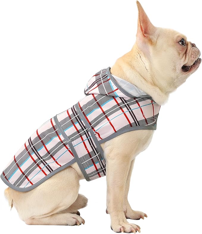Dog Raincoat for Medium Dogs Waterproof Hooded Rain Jacket with Reflective Strips Leash Hole & Poncho Adjustable Fit (Plaid,M)