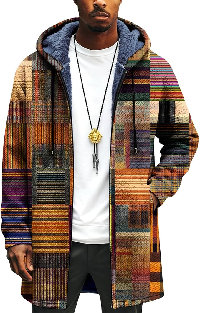 LIZALIG Long Hooded Cardigan Men Japanese Art Style Fashion Cool Graphic Coats Winter Warm Lined Fleece Jacket