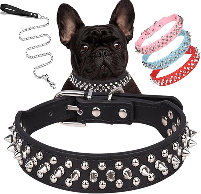 Spiked Dog Collar Soft Pu Leather Mushrooms Rivet Spike Studded Puppy Adjustable Pet Collars for Small Breeds (XS, Black Set)