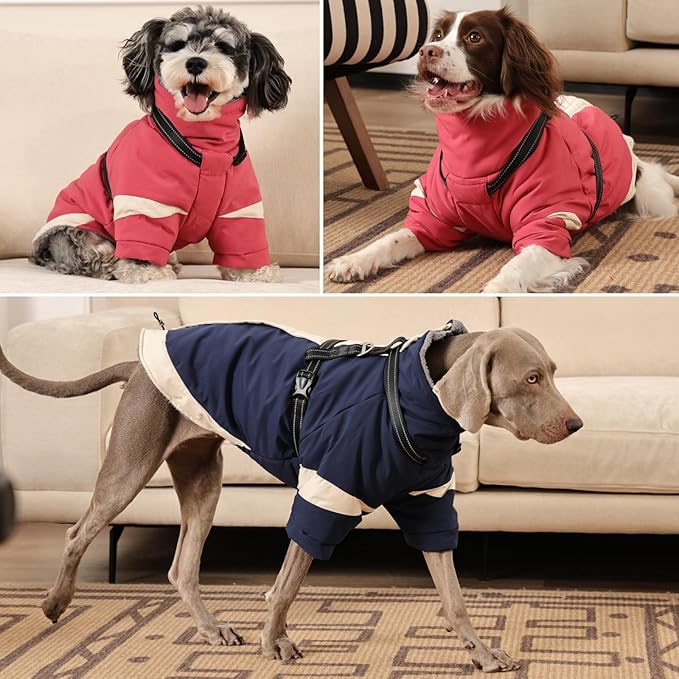 MIGOHI Dog Coat with Harness Built in, 2-in-1 Thermal Dog Jacket, Reflective Snowsuit for Large Dogs, Fleece Lined with Turtleneck, Adjustable Buckle Coats, Border Collies, Pink, XL